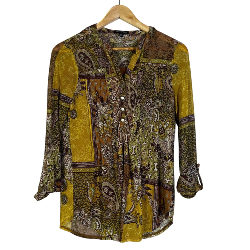 Ava & Grace Patchwork Paisley Collared Button Shirt Women Size S Yellow Brown